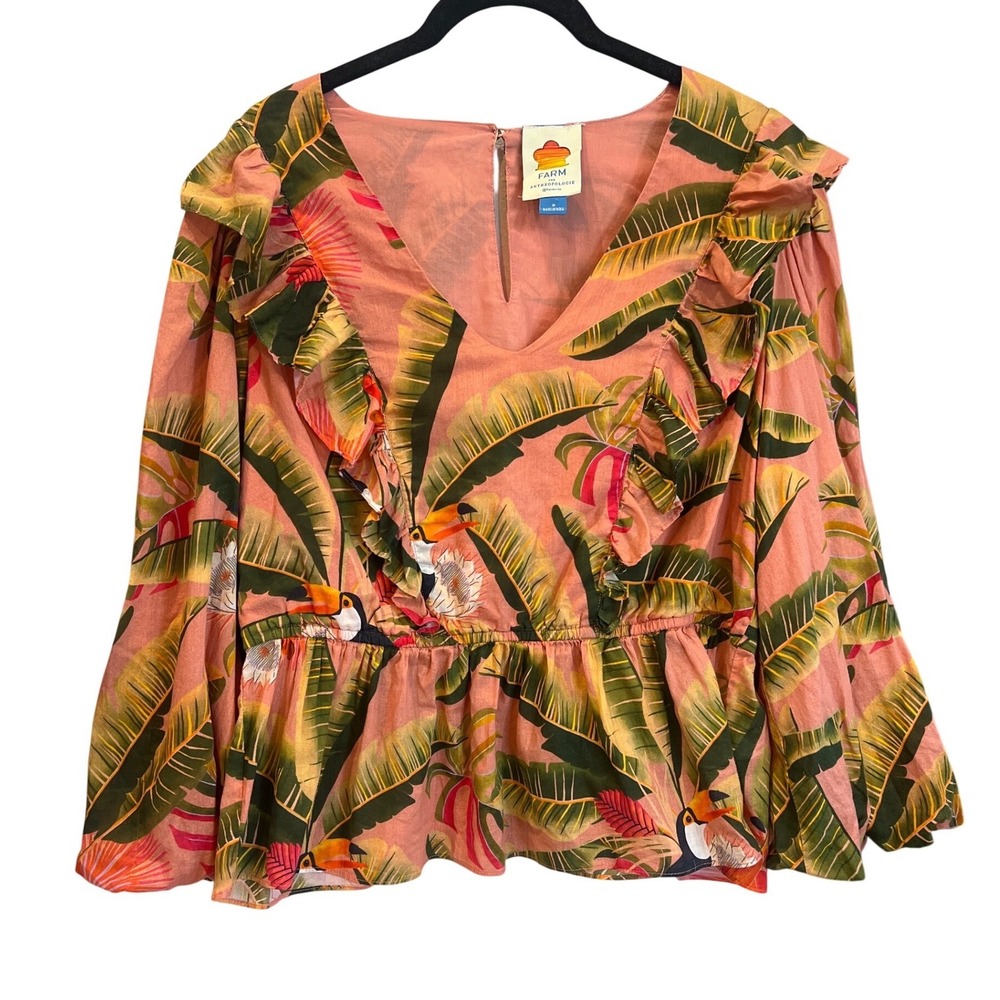 Farm Rio Anthropologie Tropical Toucan Ruffle Peplum Blouse‎ Pink Green Medium